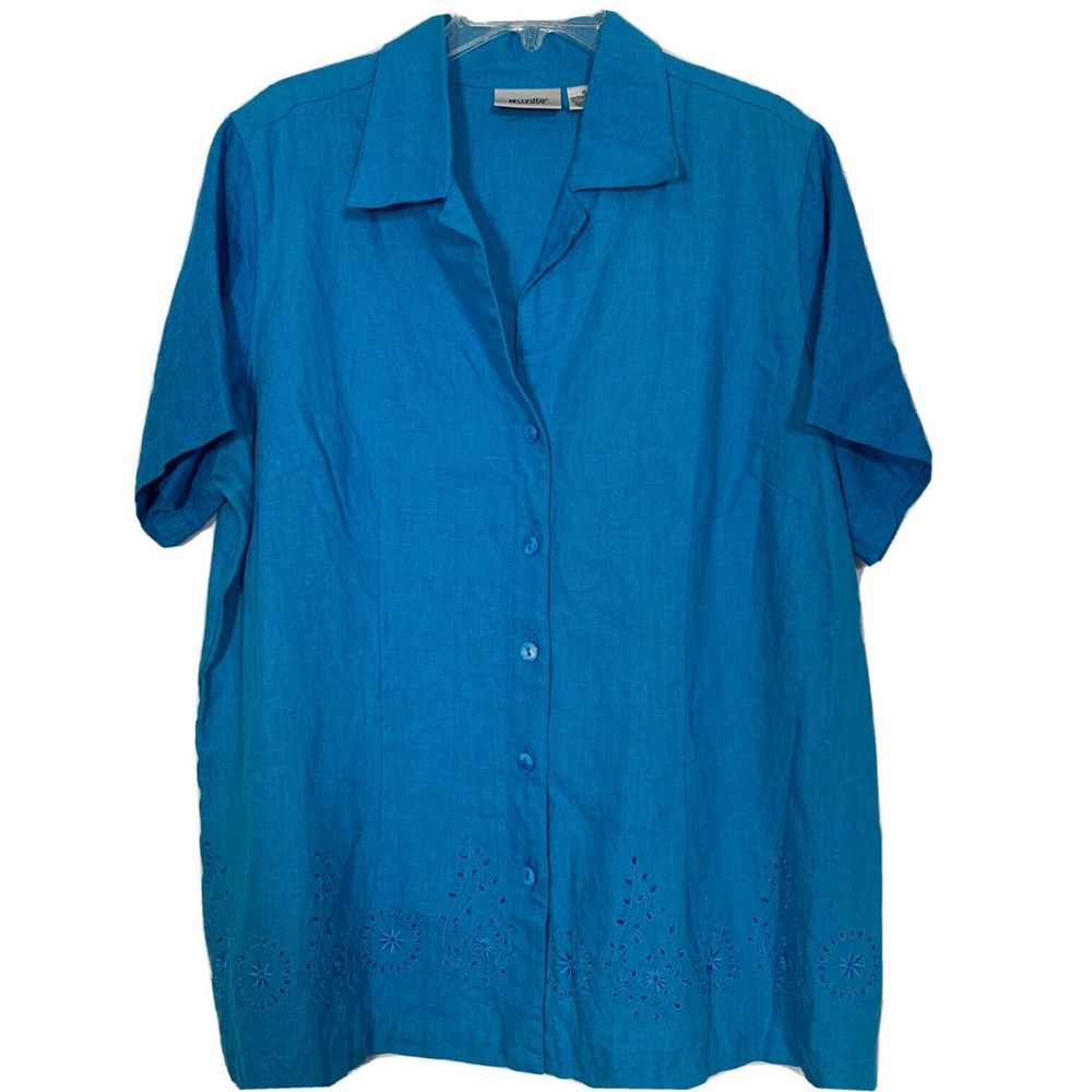 100% Linen Blouse Plus 1X Button Front Shirt Embroidered Blue Short Sleeve